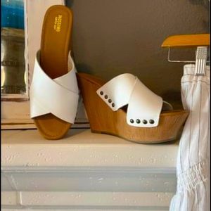 Beautiful White leather wedge slide heels!